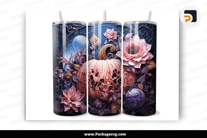 3D Halloween Floral Pink Pumpkin Design, 20oz Tumbler Wrap PNG LMFZRWHV