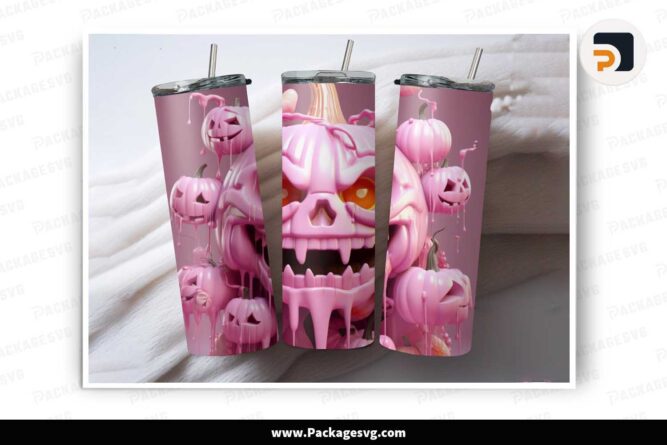 3D Pink Halloween Pumpkin Design, 20oz Tumbler Wrap PNG LMFU33L1