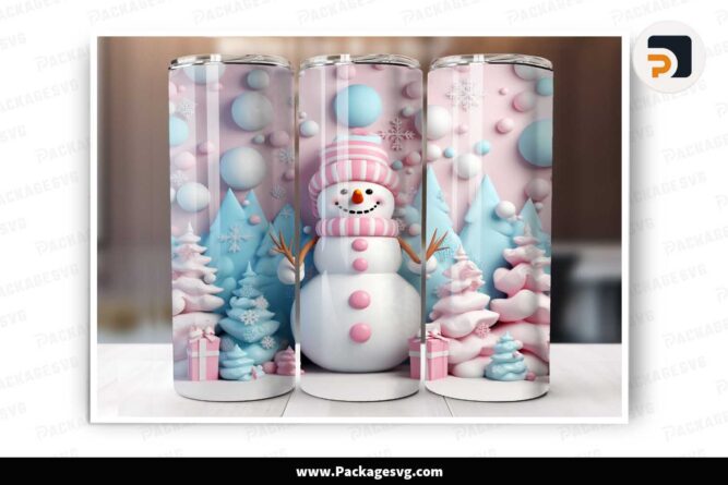 3D Pink Snowman Sublimation Design, 20 oz Skinny Tumbler Wrap PNG LMPONYF8