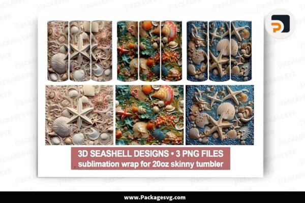 3D Seashells PNG Bundle, 20oz Tumbler Wrap Free Download