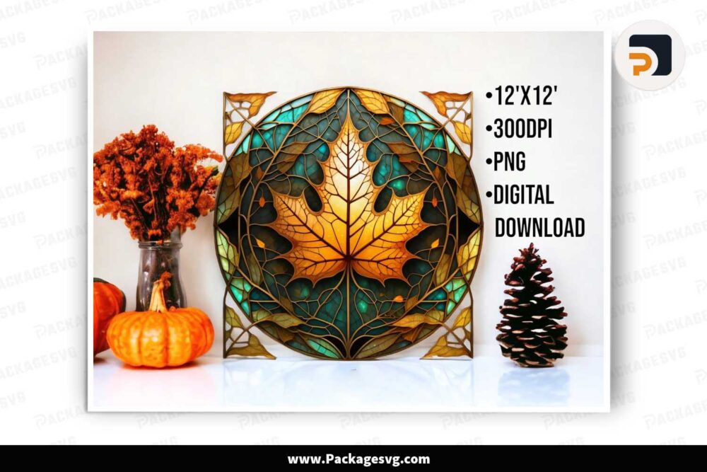 Autumn Leaf Wind Spinner Design, Stained Glass Sublimation PNG LM8UU9X7