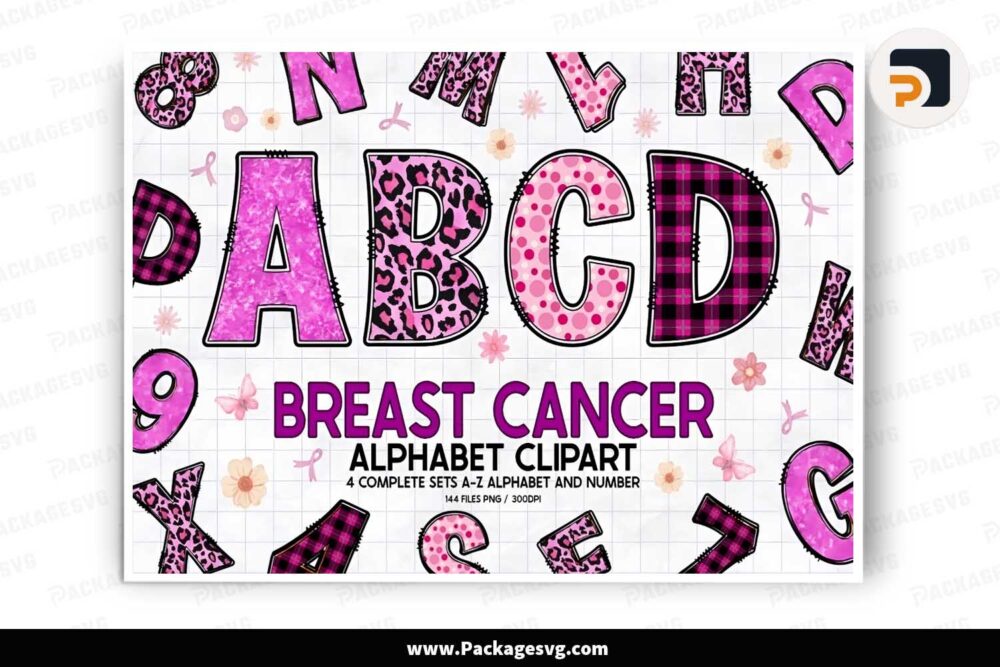 Breast Cancer Doodle Alphabet Letters Bundle, 4 Set Cliparts Font PNG LN1G3UTI
