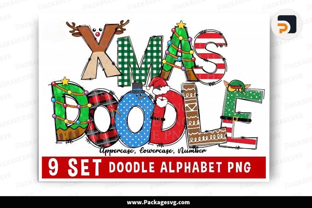 Christmas Doodle Alphabet Letters Bundle, 9 Set Cliparts Font PNG LN1EZXCS