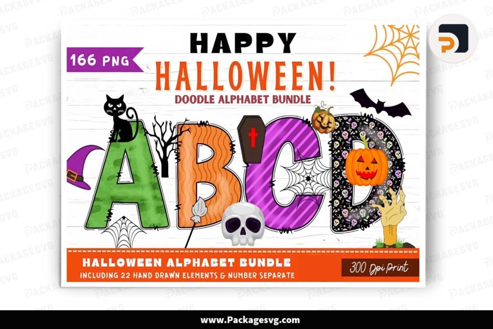 Happy Halloween Doodle Alphabet Bundle, 5 Set Cliparts Font PNG LN1EGJ5O