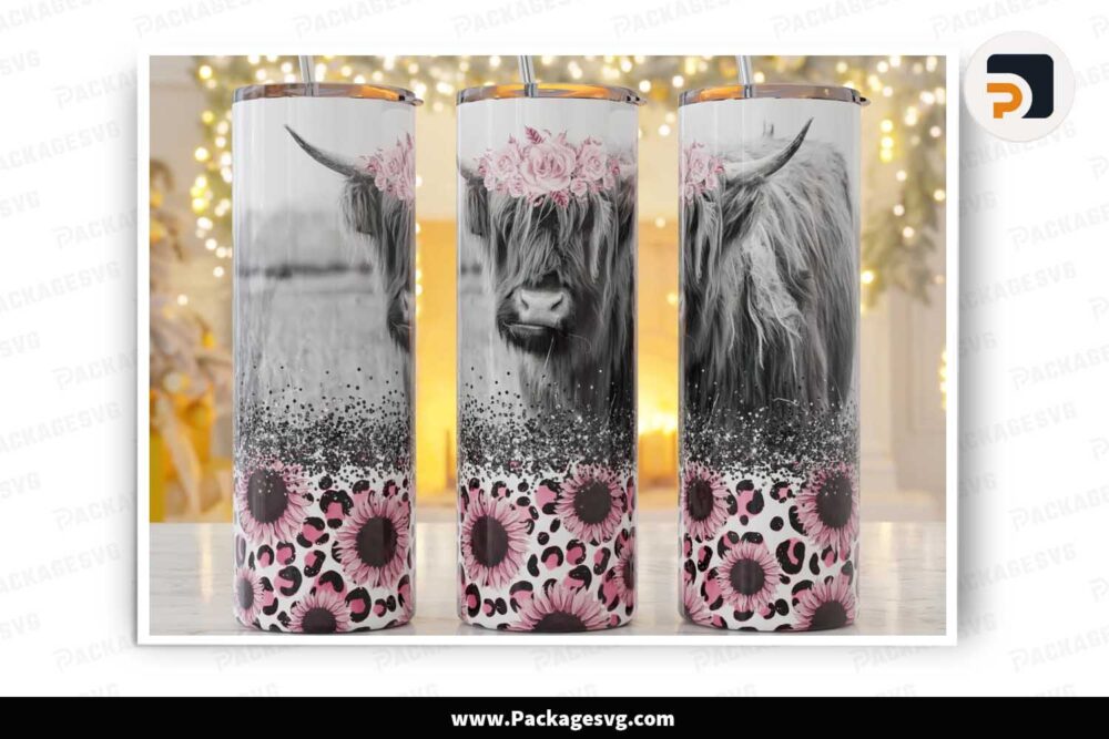 Highland Cow Sunflowers Sublimation PNG, 20oz Tumbler Wrap LMFO5CGA