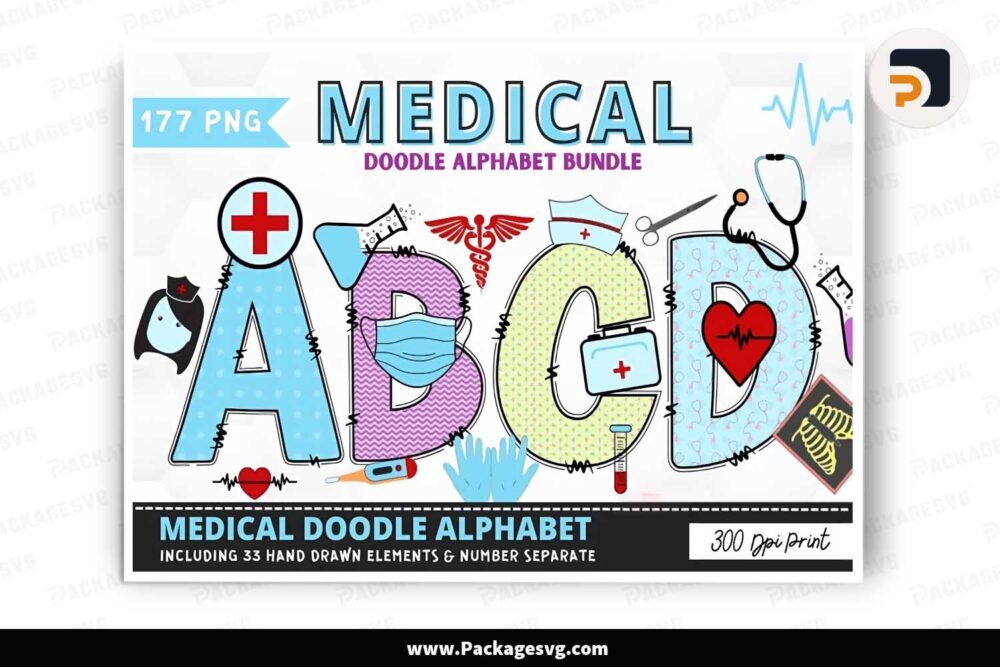 Medical Doodle Alphabet Bundle, 5 Set Cliparts Font PNG LN1H1VUF