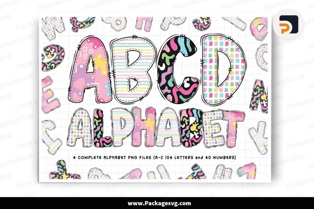 Rainbows Doodle Alphabet Letters Bundle, 4 Set Cliparts Font PNG LN1IUT3N