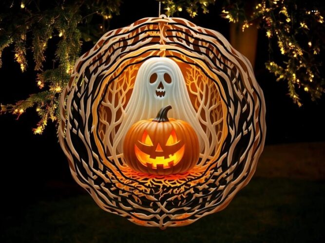 Pumpkin Ghost 3D Wind Spinner PNG, Halloween Sublimation Design LM8U05LZ