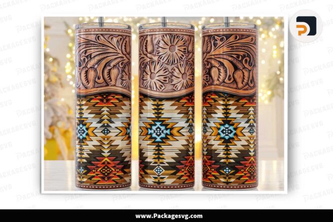 Tooled Leather Aztec Pattern PNG, 20oz Skinny Tumbler Wrap LMFPDTPQ