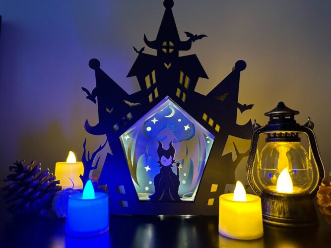 3D Halloween Maleficent Light Box, Haunt House SVG Paper Cut File LN02NT8Y