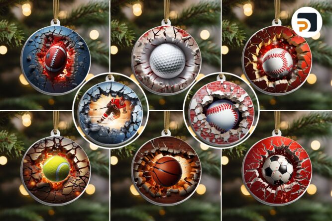 3D Ball Sport Break Through Ornament Bundle, 8 Designs Sublimation