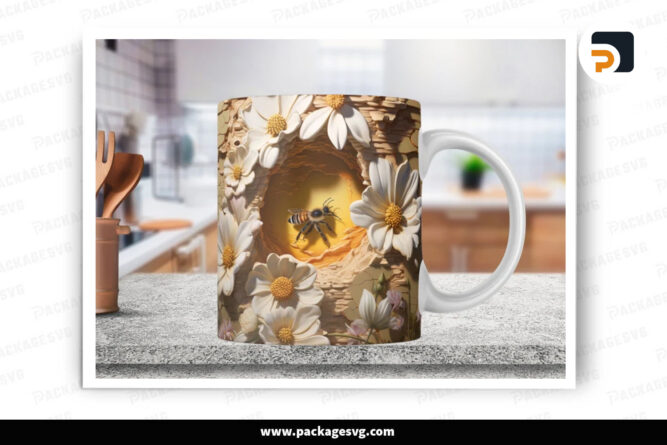 3D Bee Cracked Hole Mug Wrap, Floral Mug Wrap LNLLCFVI