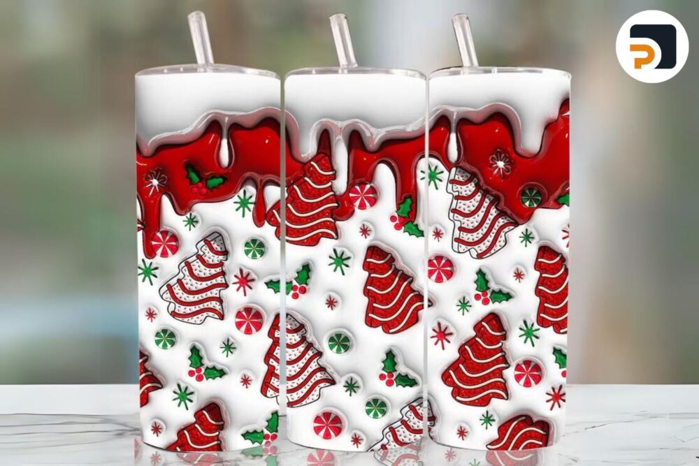 3D Christmas Tree Cakes Inflated Sublimation Design, 20oz Skinny Tumbler Wrap