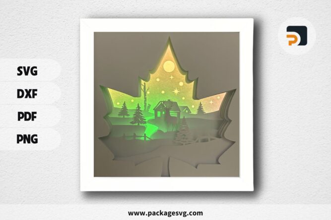 3D Deer Maple Leaf Lightbox, SVG Paper Cut File LODTXICZ