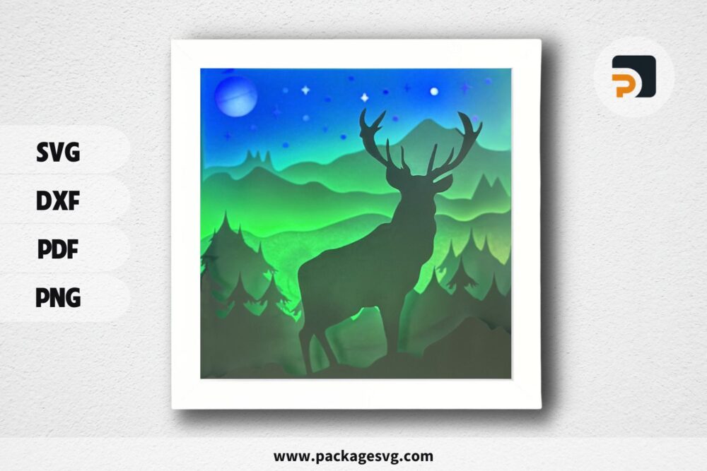 3D Deer Mountain Lightbox, SVG Paper Cut File LODTRFZN