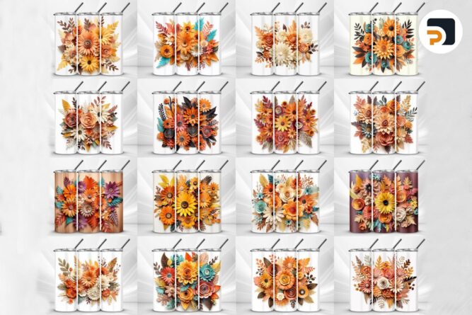 3D Fall Flowers Autumn Season Bundle, 16 Designs 20oz Skinny Tumbler Wrap