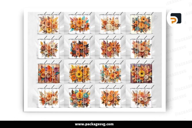 3D Fall Flowers Autumn Season Bundle, 16 Designs 20oz Skinny Tumbler Wrap LO2J2RNV