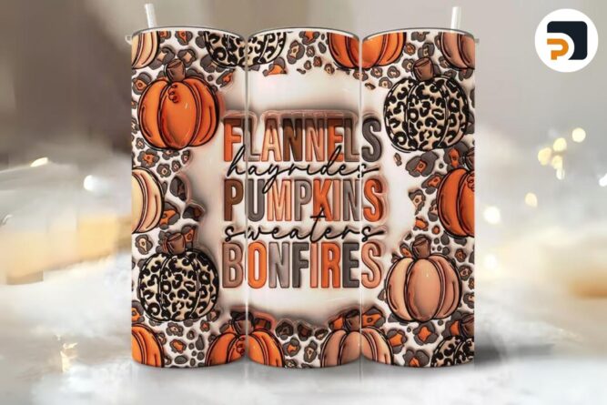 3D Flannels Pumpkins Bonfire Inflated Sublimation Design, 20oz Skinny Tumbler Wrap