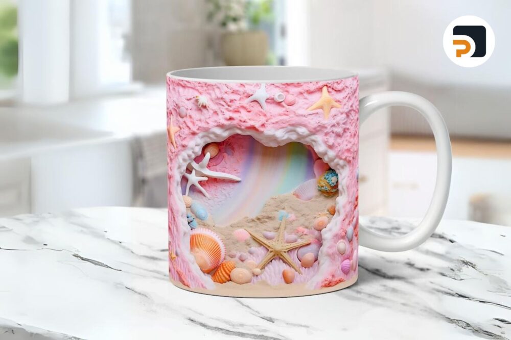 3D Hole In a Wall Mug Wrap, Beach Seashells Mug Wrap