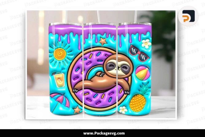 3D Inflated Summer Sloth Tumbler Design, 20 oz Tumbler Wrap PNG LNB3OCUJ