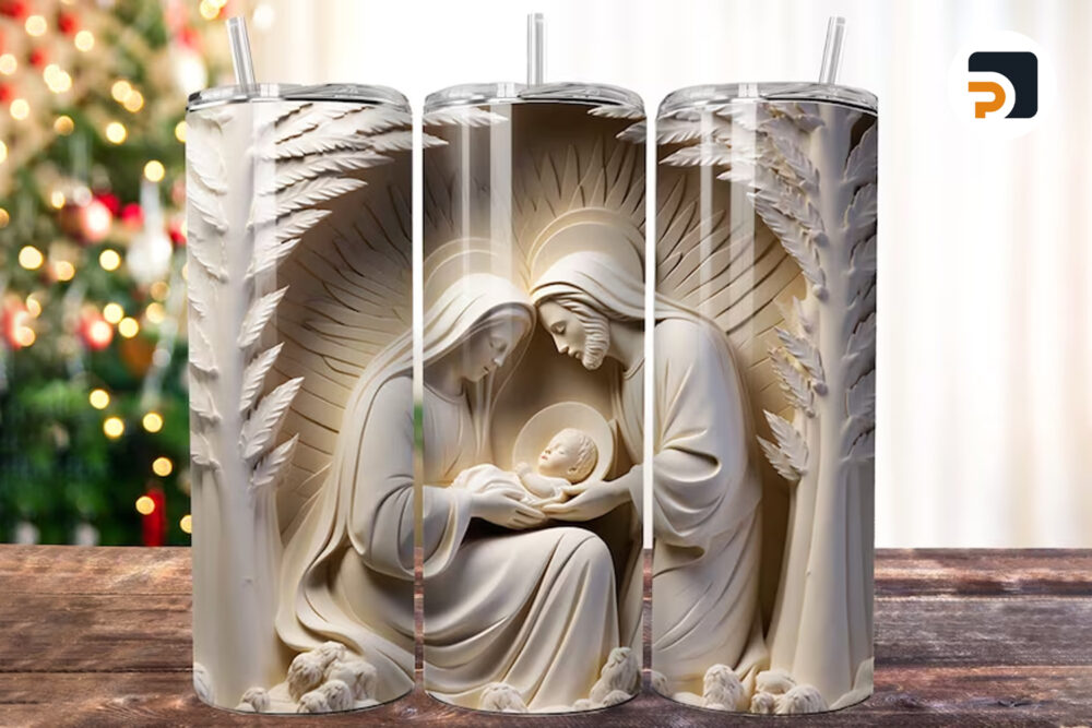 3D Nativity Scene Mary Joseph Jesus Sublimation Design, 20oz Skinny Tumbler Wrap