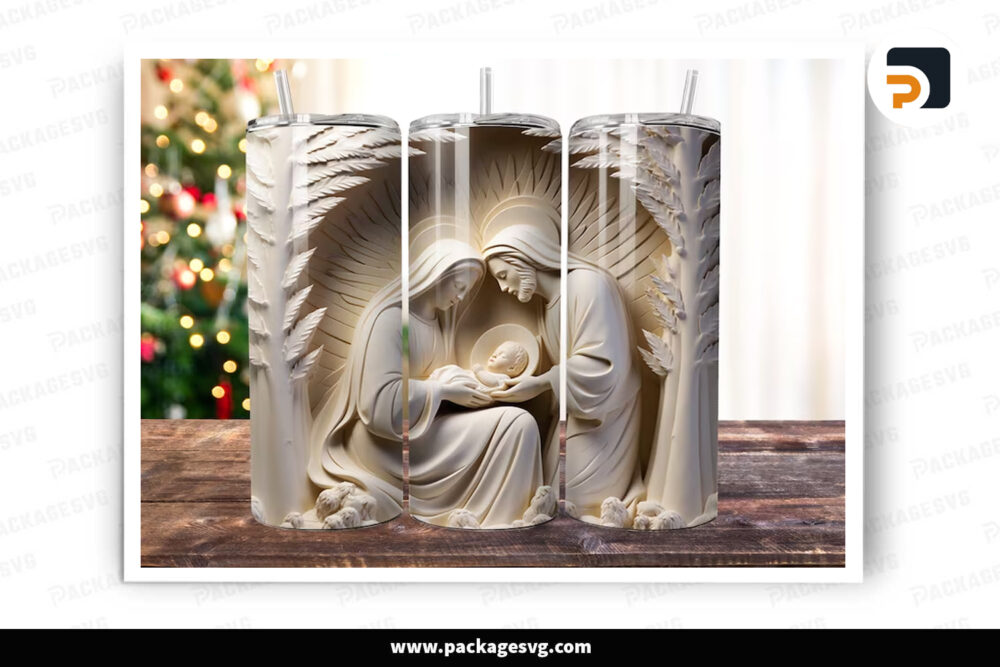 3D Nativity Scene Mary Joseph Jesus Sublimation Design, 20oz Skinny Tumbler Wrap LO53S2X0