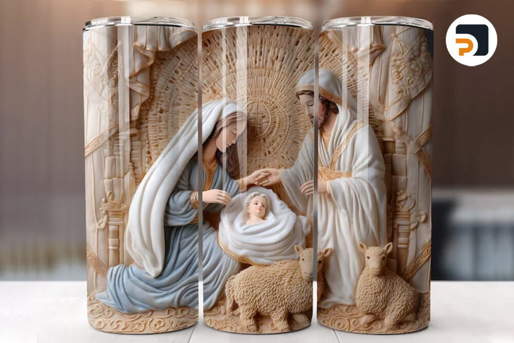 3D Nativity Scene Sublimation Design, 20oz Skinny Tumbler Wrap