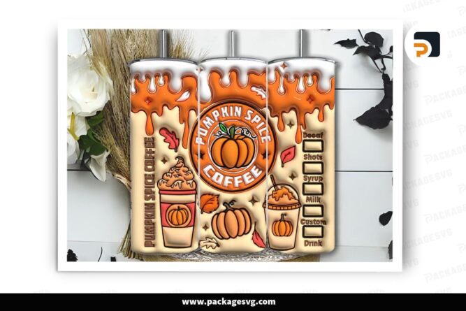 3D Pumpkin Spice Coffee Inflated Sublimation Design, 20oz Skinny Tumbler Wrap LNWXPXUY