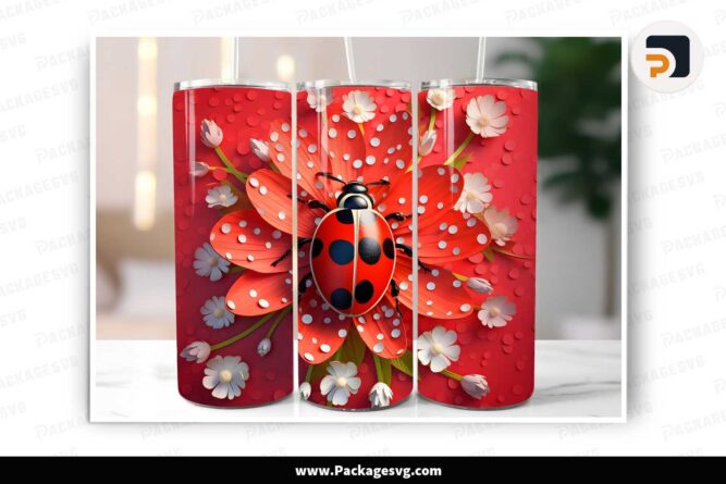 3D Red Ladybug Flowers Tumbler Design, 20 oz Tumbler Wrap PNG LNB3GCEC