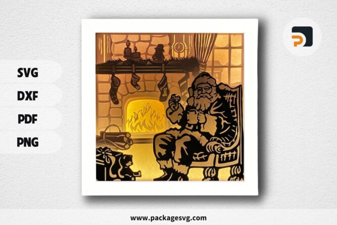 3D Santa Claus Fireplace Lightbox SVG, Christmas Paper Cut File