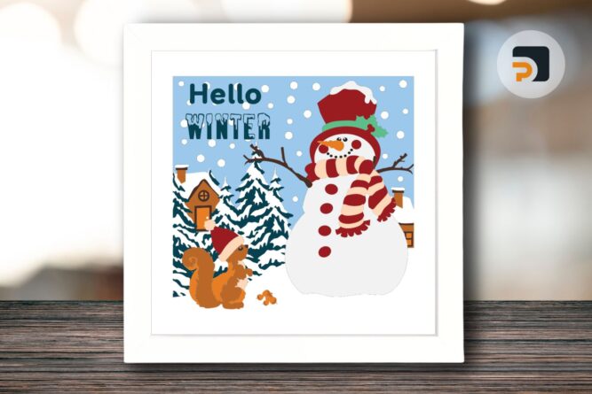 3D Snowman Hello Winter Shadowbox SVG, Christmas Paper Cut File