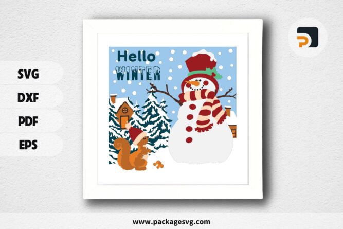 3D Snowman Hello Winter Shadowbox SVG, Christmas Paper Cut File LO7DTJNQ