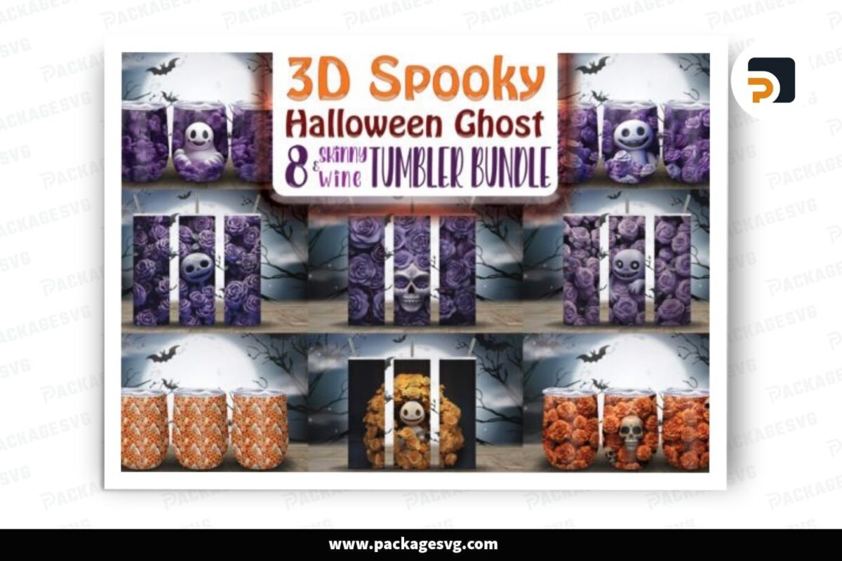 3D Spooky Halloween Ghost PNG, 8 Designs Tumbler Wrap Free Download