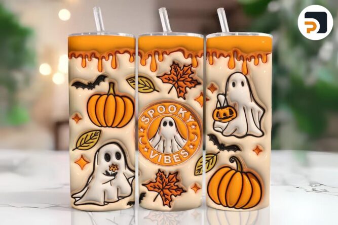 3D Spooky Vibes Inflated Sublimation Design, 20oz Skinny Tumbler Wrap