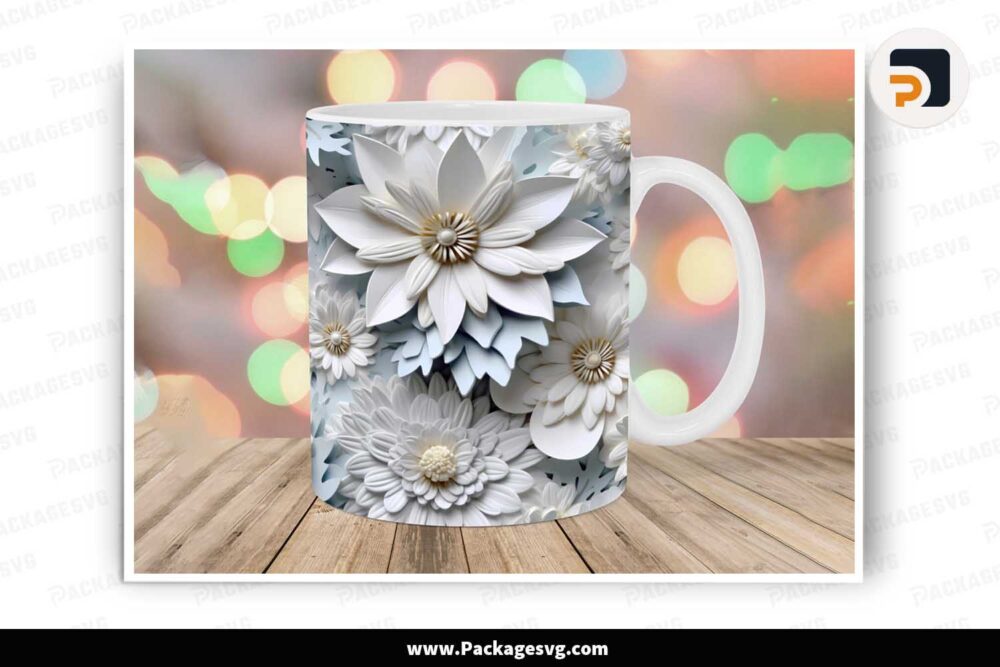 3D White Flowers Botanical Mug Design, 11oz 15oz Mug Wrap LN9P9N8L