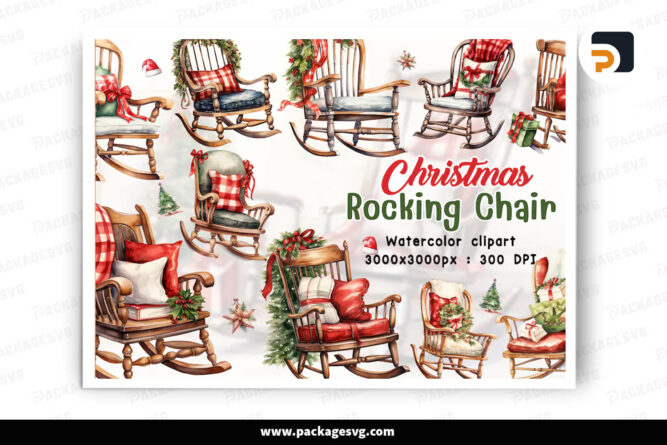 Antique Rocking Chair PNG Bundle, Christmas Watercolor Clipart Digital File LNLBPCU7