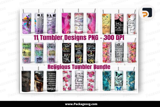 Bible Verse Religious Tumbler Bundle, 11 Designs 20oz Skinny Tumbler Wrap LNB57008
