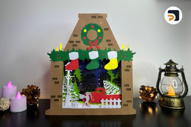 Christmas Night Light Box, Fireplace Lantern Paper Cut File