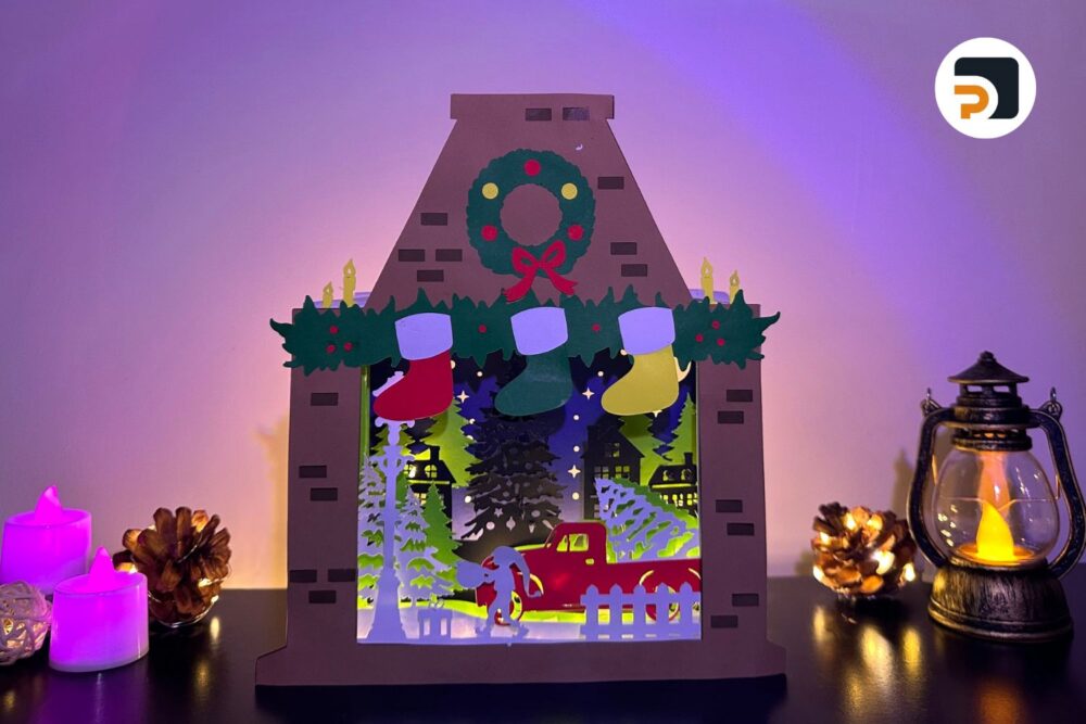 Christmas Night Light Box, Fireplace Lantern Paper Cut File