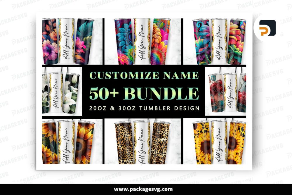 Custom Name Sublimation Design Bundle, 50 Designs 20oz 30oz Skinny Tumbler Wrap LO58XELA