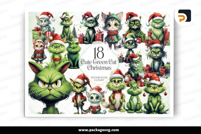 Cute Green Cat Christmas PNG Bundle, 18 Designs Clipart Digital LO5FYOOY