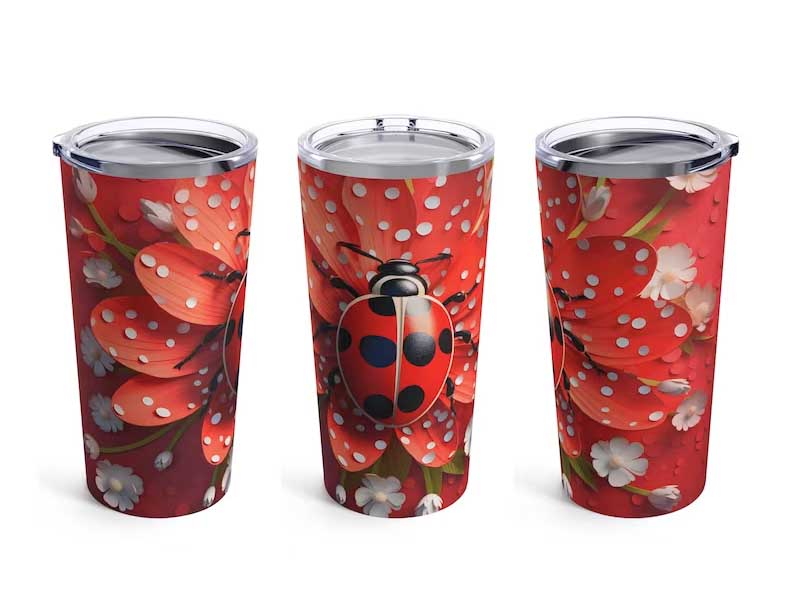 3D Red Ladybug Flowers Tumbler Design, 20 oz Tumbler Wrap PNG LNB3GCEC