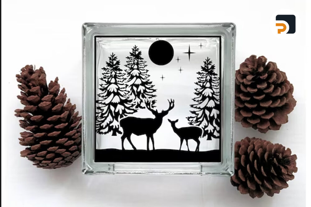 Deer In Winter Forest Scene SVG, Glass Block Cut File
