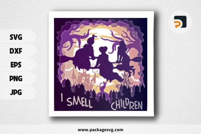 Flying Witches Halloween Lightbox, Hocus Pocus SVG Paper Cut File LNSOWFPY