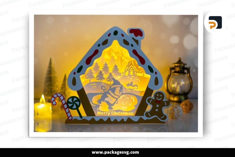 Penguin Christmas Light Box, Candy House SVG Paper Cut File LNV8UJNQ