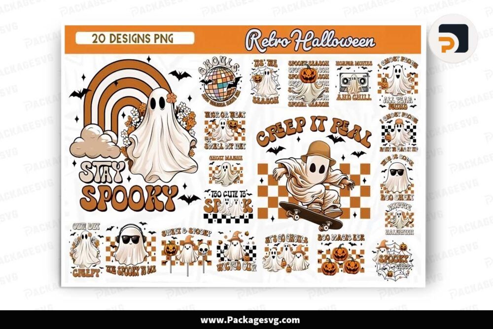 Retro Halloween Bundle, 20 Ghost Sublimation Designs LN8K0V4O