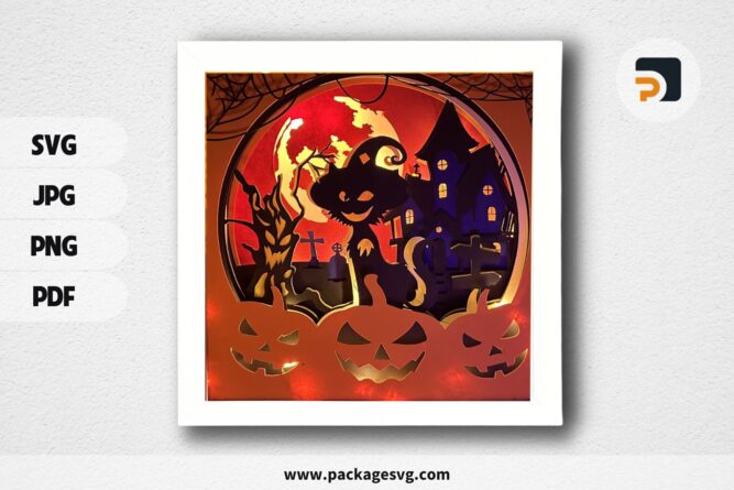 Cat Witch Hat Halloween Shadow Box, Halloween SVG Cut Files LNINC7P3
