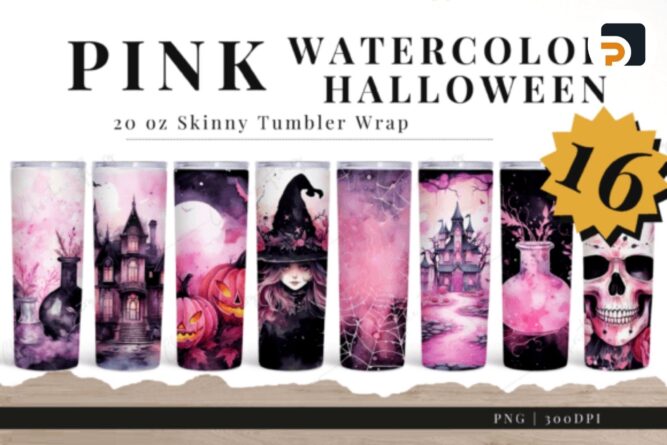 Watercolor Pink Halloween Sublimation Design, 20oz Skinny Tumbler Wrap