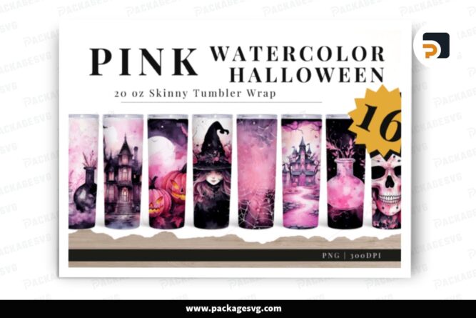Watercolor Pink Halloween Sublimation Design, 20oz Skinny Tumbler Wrap LNU30KWP