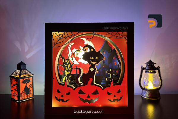Create A Cat Witch Hat Halloween Shadow Box With Pumpkin Halloween SVG Cut File